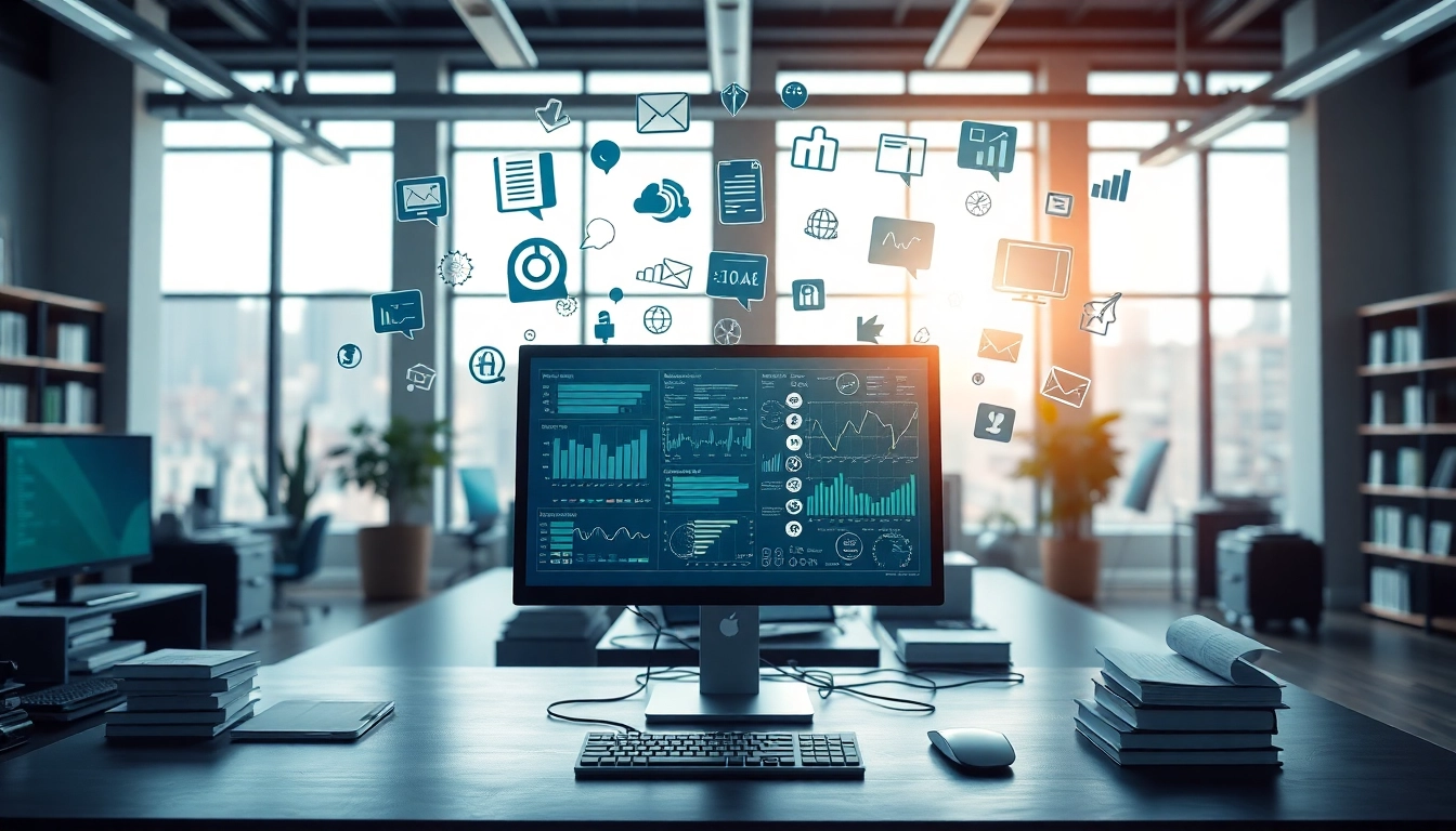 Showcase information using a computer and floating symbols in a bright workspace.