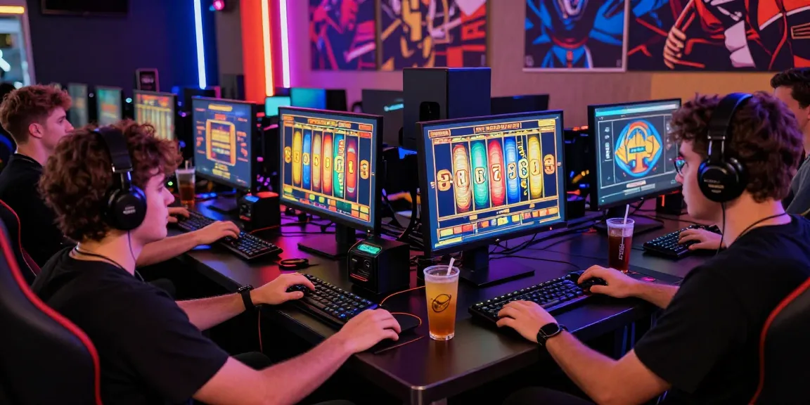 Engaging slot depo 1k gaming experience with players and vibrant screens at a gaming setup.