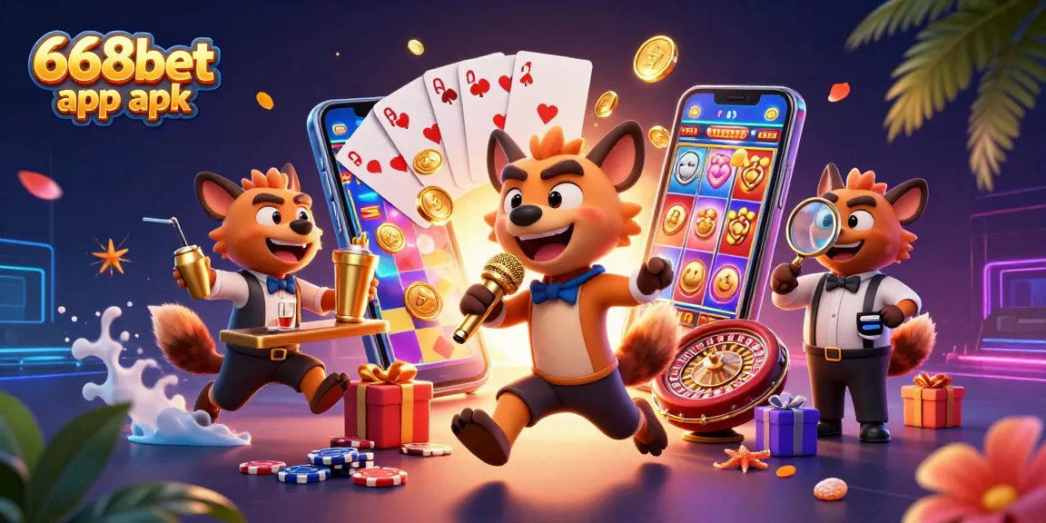 Engage with the vibrant 668bet app apk in this dynamic casino scene featuring entertaining hyenas.