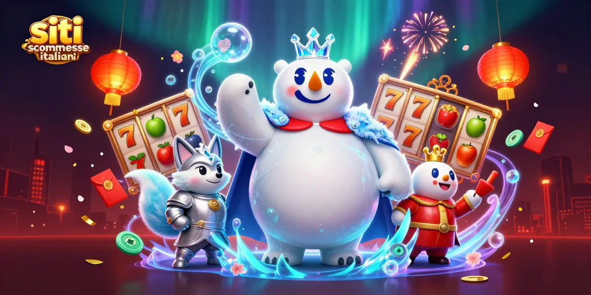 Siti scommesse italiani sono rappresentati in un'illustrazione 3D di un re orso polare e una volpe in una scena di gioco vivace con simboli della fortuna.
