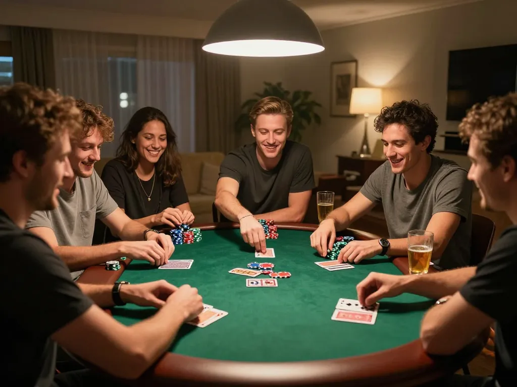 w 88 poker night with friends playing cards and chips on vibrant table in warm home setting