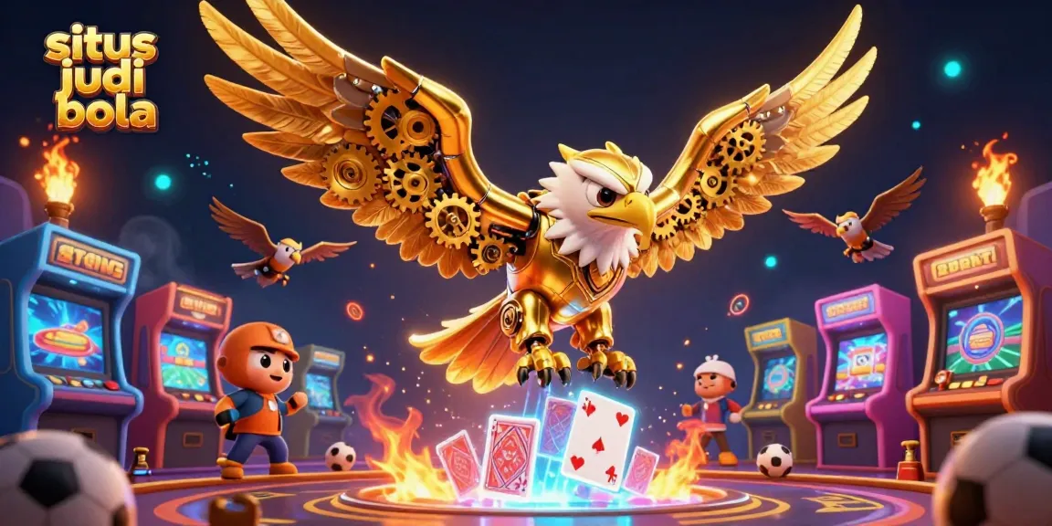 Engage in thrilling sports betting with situs judi bola as a 3D golden eagle dives through holographic playing cards.