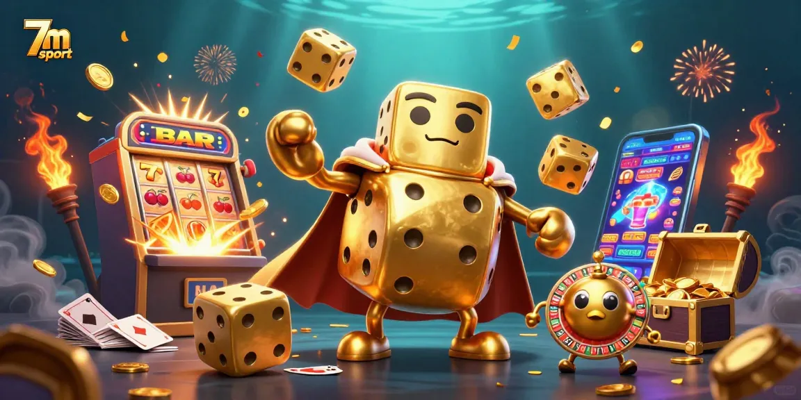 Engaging scene showcasing 7m sport with a golden dice golem and casino elements for sports bettors.