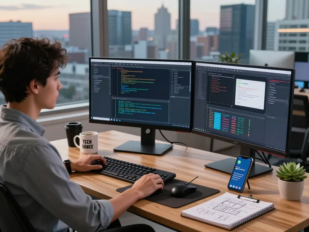 Developer's innovative workspace with clawdbot setup, featuring multiple monitors and coding tools.