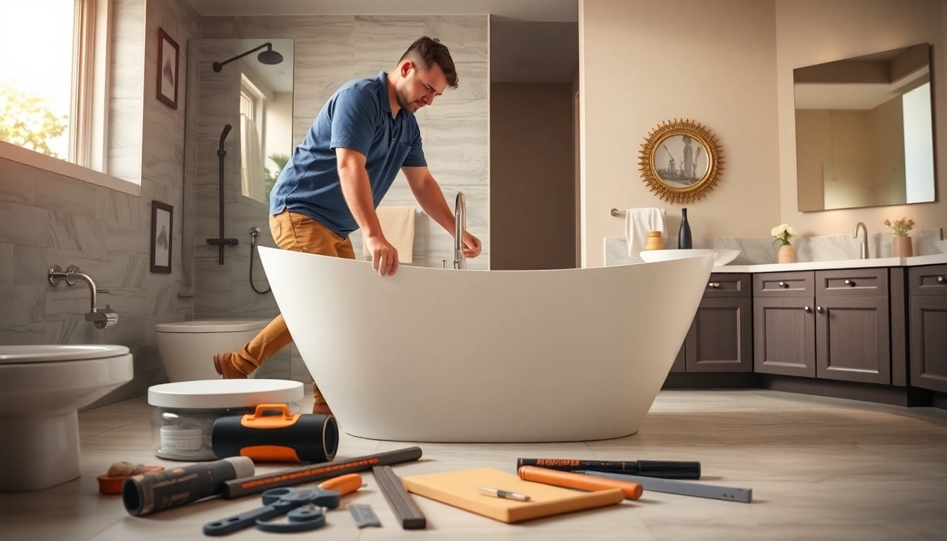 Skilled bathroom installer meticulously working on a modern bathroom renovation.
