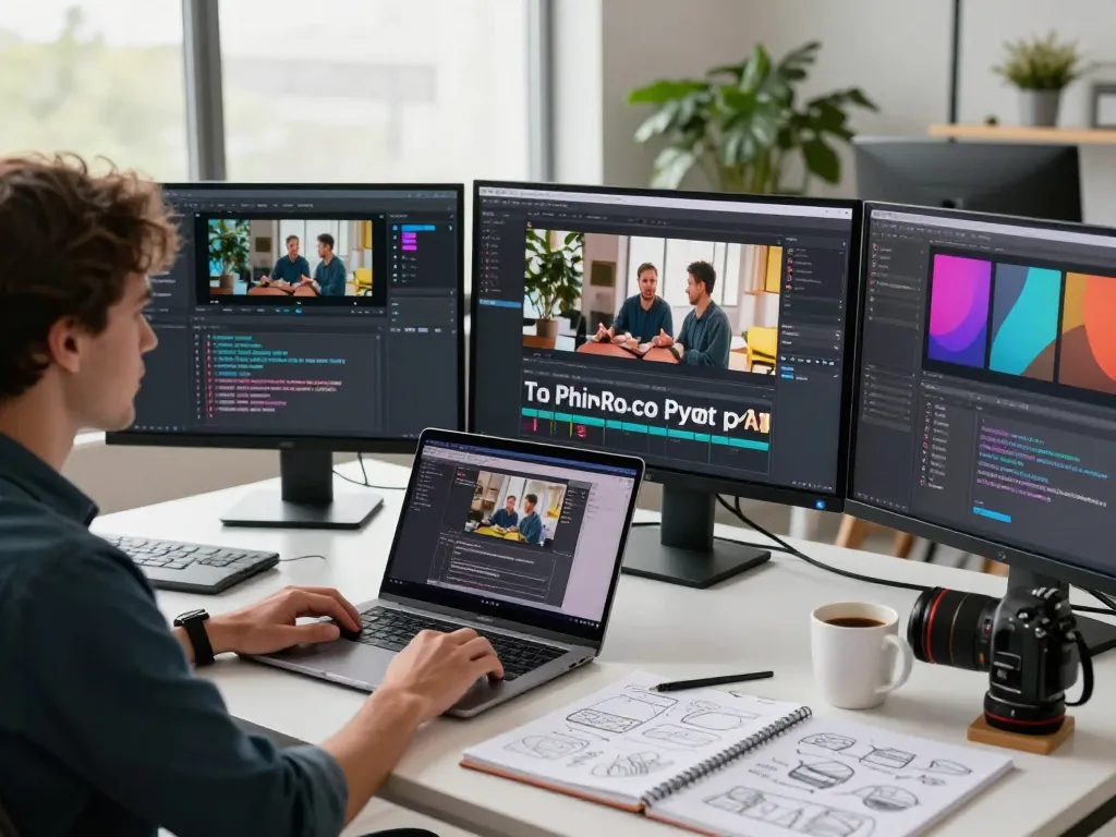 Content creator using video to prompt ai software in a bright modern workspace with innovative tools and organized desk.