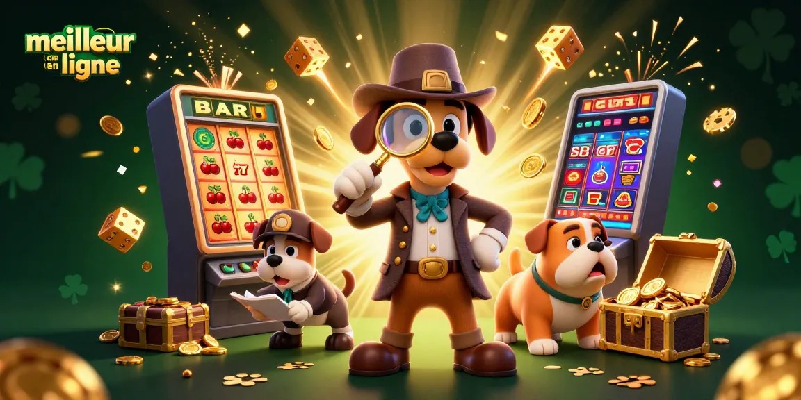 Illustration dynamique du meilleur casino en ligne, révélant des indices sur un jeton de poker et une machine à sous juteuse.