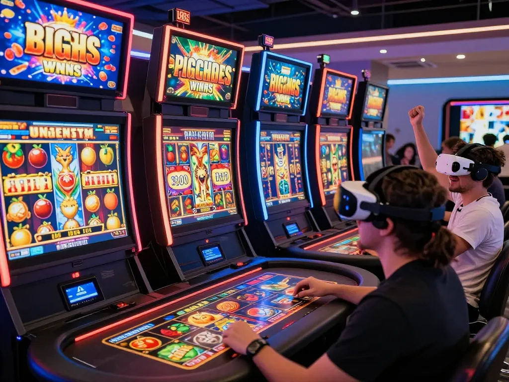 Suasana permainan online yang menarik menampilkan slot gacor hari ini dengan pemain merayakan kemenangan di mesin virtual yang penuh warna.