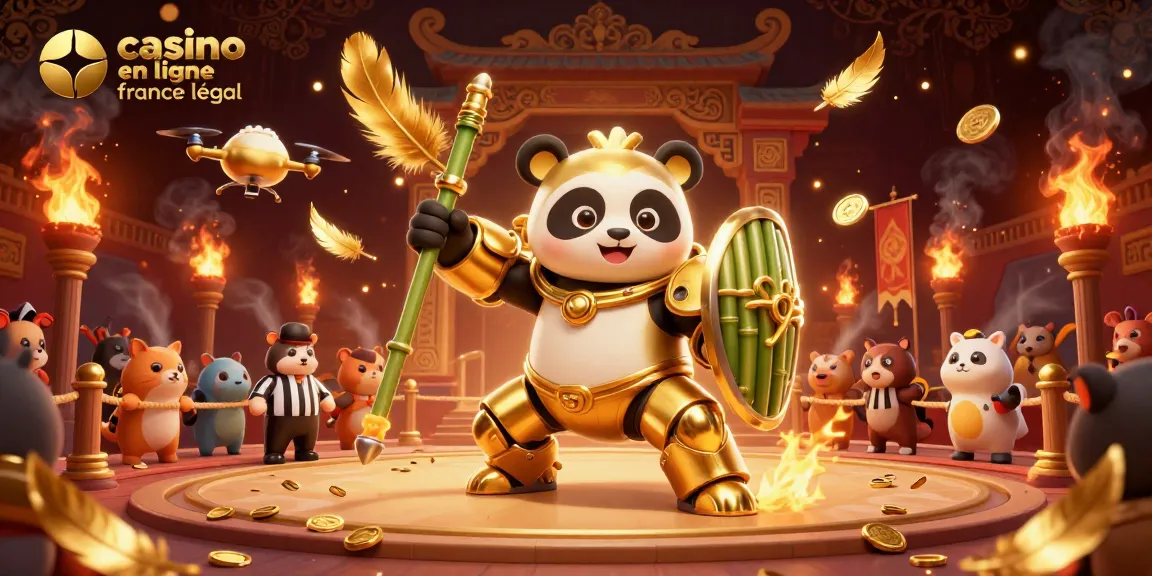 Illustration dynamique de l'arène de combat d'un casino en ligne légal en France avec panda en armure, spectateurs animaliers.
