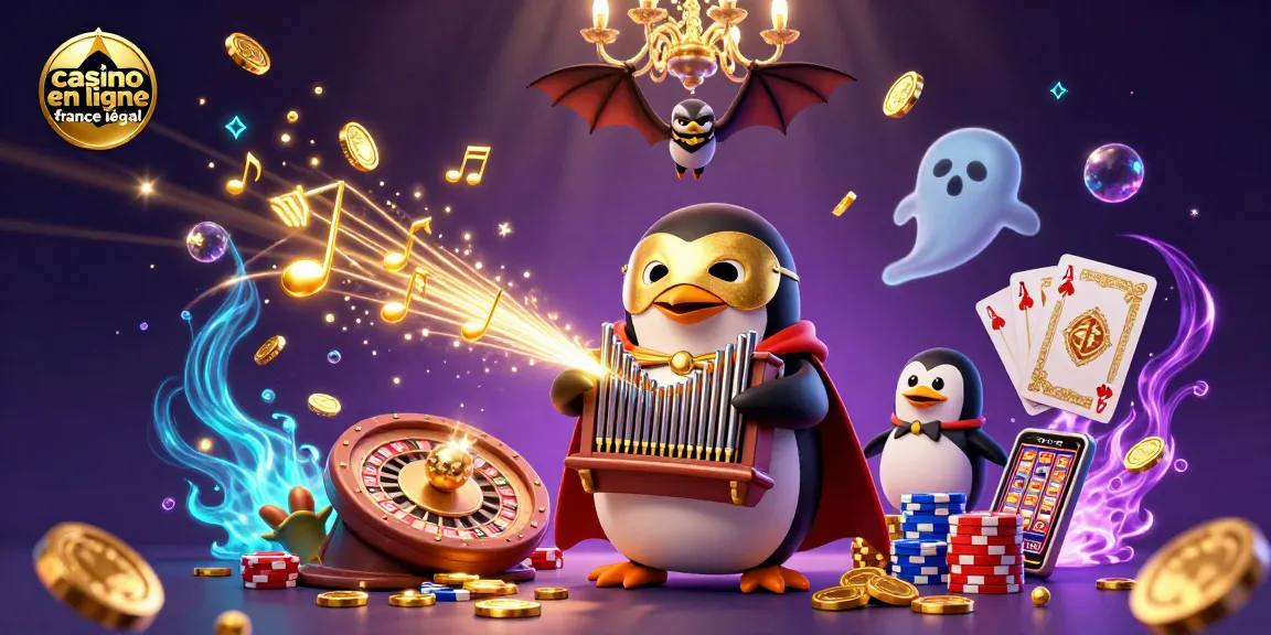 Illustration dynamique sur le thème du casino en ligne France légal, mettant en scène un pingouin en costume jouant d'un orgue.