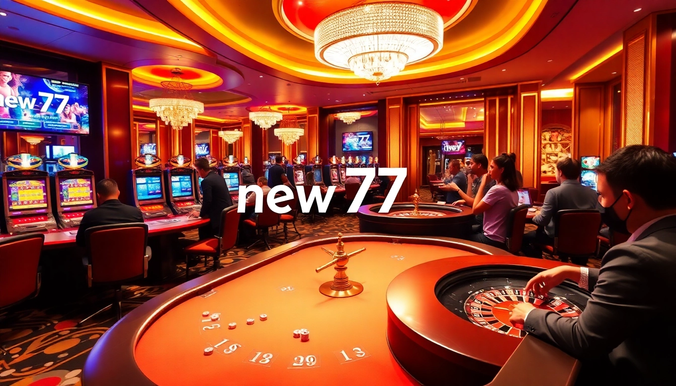 Experience the thrill of new 77 at a luxurious casino with vibrant gaming tables and slot machines.