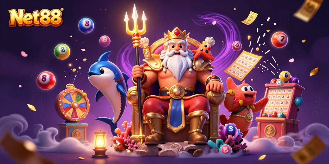 Engage with Net88's vibrant lottery scene featuring a cartoon sea king and dynamic gaming elements.