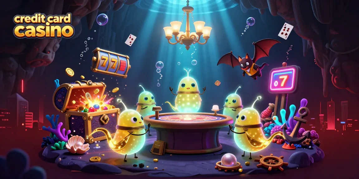 Experience thrilling moments at a credit card casino illuminated by glowworms in an underwater setting.