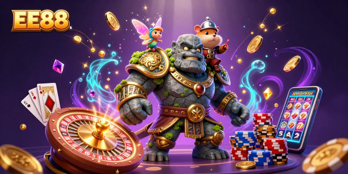 Experience EE88's vibrant casino world with a golem guardian, fairy, and knight amidst cascading coins and games.