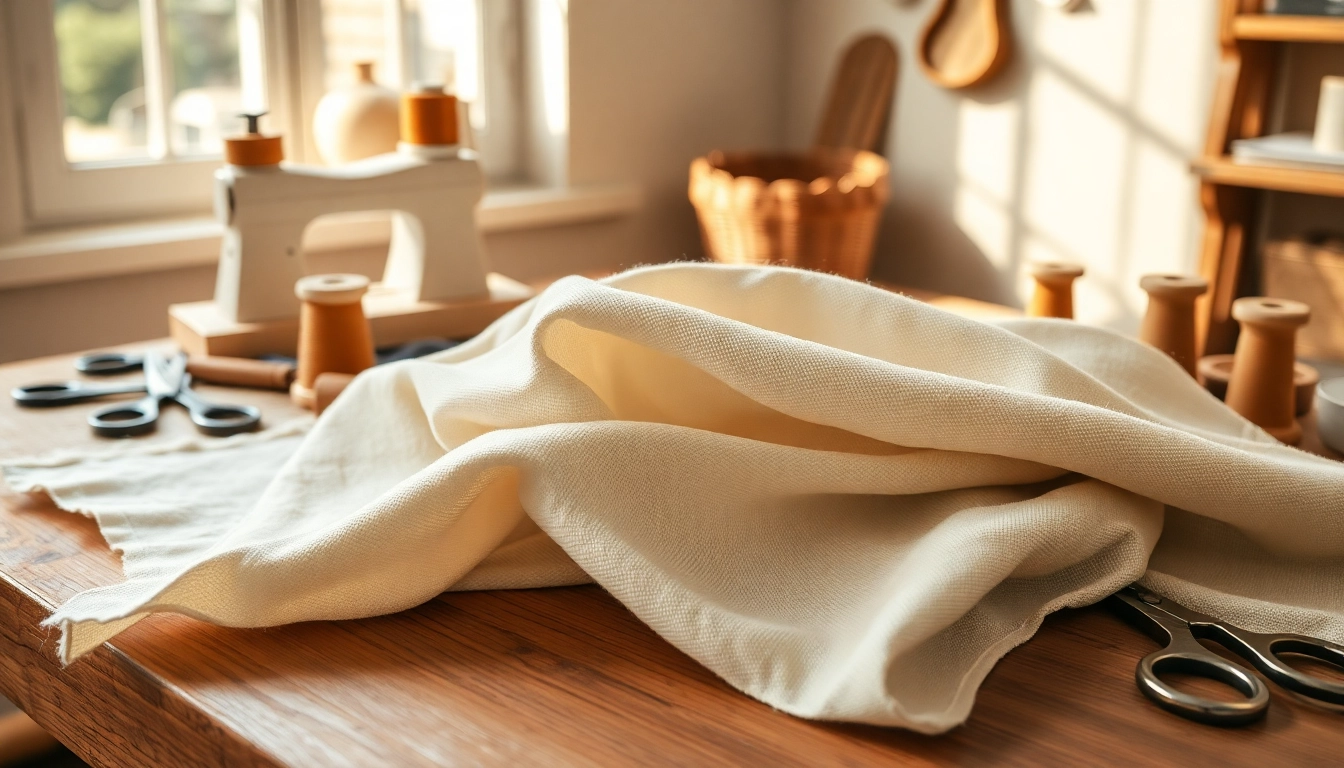 Verken het ongebleekt katoen op een houten tafel met naaiaccessoires en een warme uitstraling.