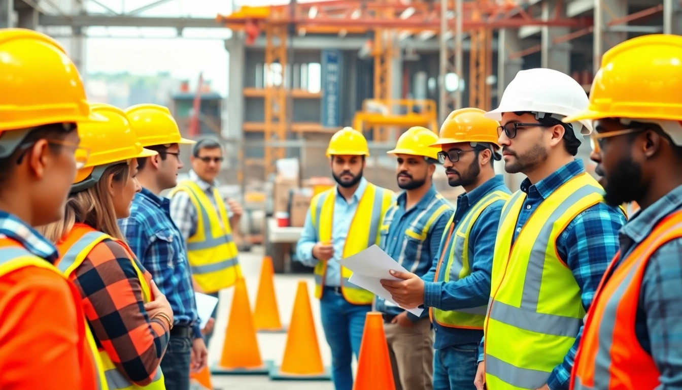 Engaging construction site safety training session with participants demonstrating safety protocols.