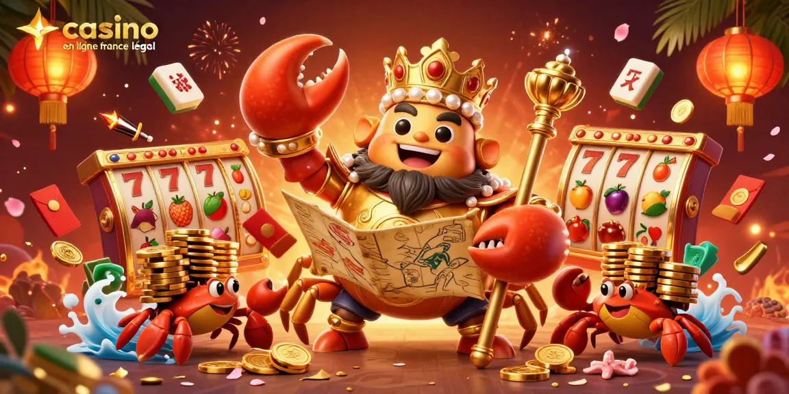Illustration dynamique sur le thème du casino en ligne France légal, mettant en scène un crabe empereur et des serviteurs en train de jouer.