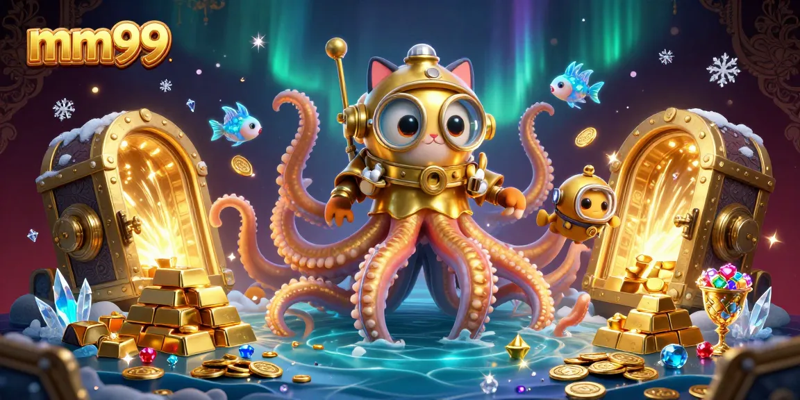 Engage with mm99's thrilling gaming atmosphere featuring a kraken, diving cat, and treasure.