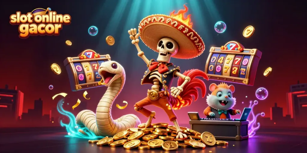 Experience the thrill of slot online gacor with lively characters celebrating around vibrant slot reels and golden coins