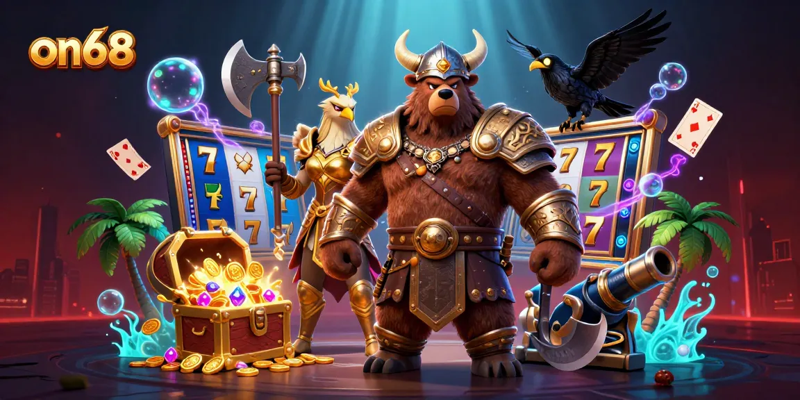 Experience thrilling slots at on68 with a vibrant 3D scene featuring a Viking and Valkyrie among casino elements.
