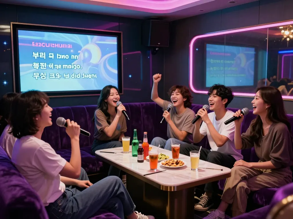 부평쓰리노 노래방에서 손님들이 개인 노래를 즐기고 있는 활기찬 분위기에서의 다이나믹한 장면.
