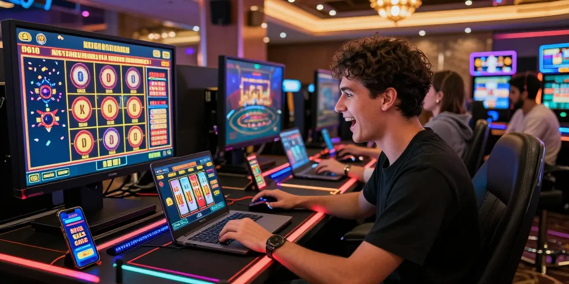 Exciting gaming moment at eu casinos online featuring a player enjoying a virtual slot game in a vibrant, modern setting.