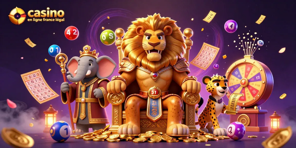 Casino en ligne France légal : illustration d'une scène dynamique avec un roi lion et des éléments de loterie.