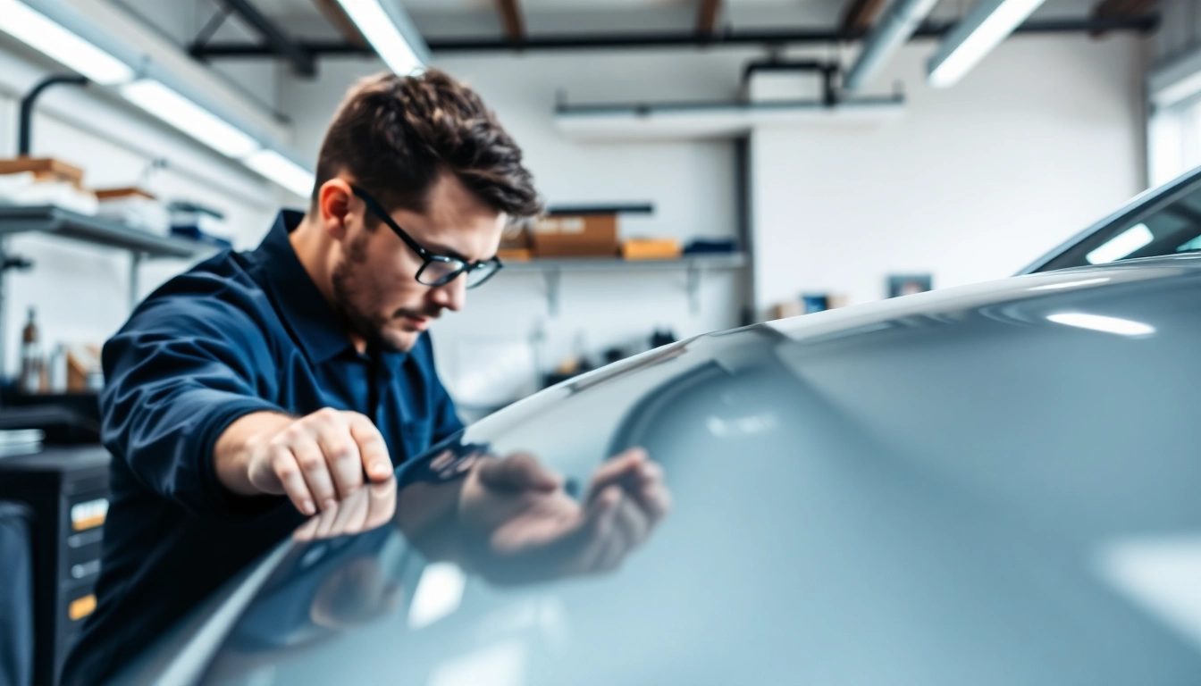 Clear Bra installer meticulously applying protective film to a luxury car's exterior.