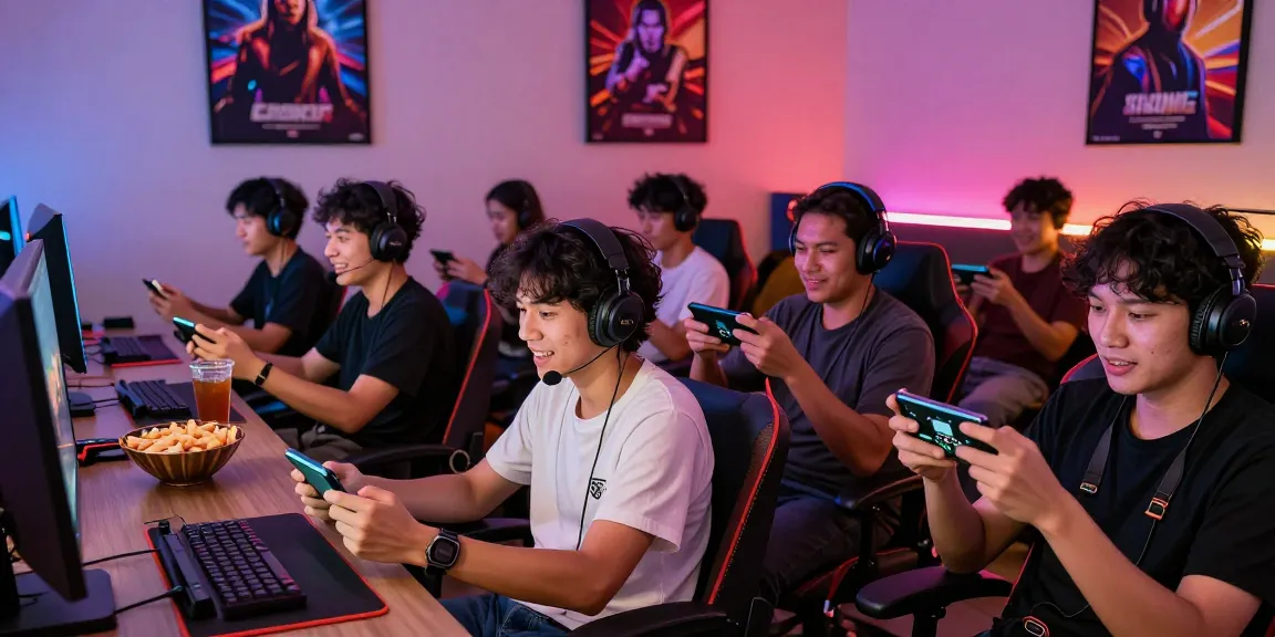 Players enjoying slot gacor games in a vibrant gaming lounge, showcasing excitement and modern technology.