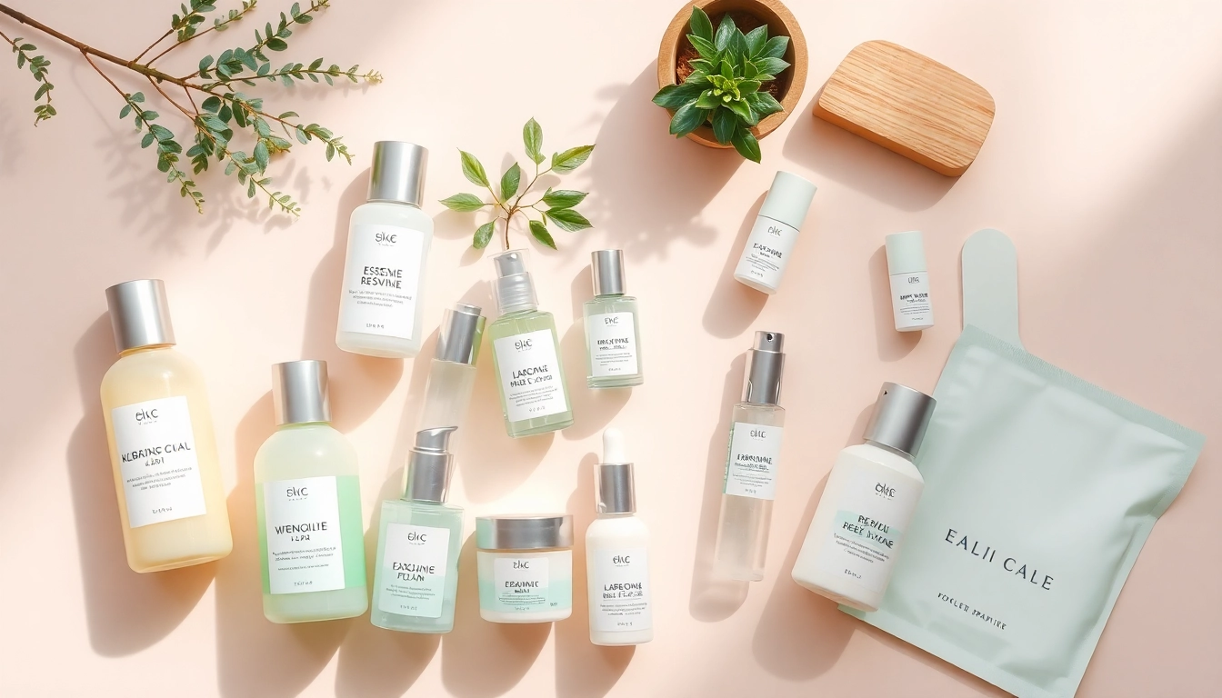 Koreansk hudvård online som visar populära koreanska hudvårdsprodukter i en elegant flat lay-komposition.