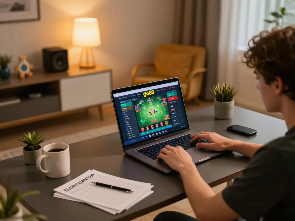 Engaging in the thrilling game go88 at home with a laptop, showcasing strategic gameplay
