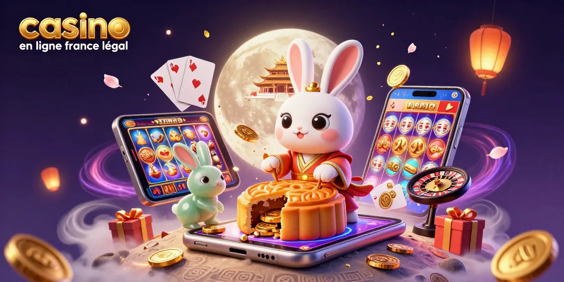 Illustration 3D de la légende du casino en ligne France légal, représentant un lapin lunaire avec des jetons de poker, ambiance festive.