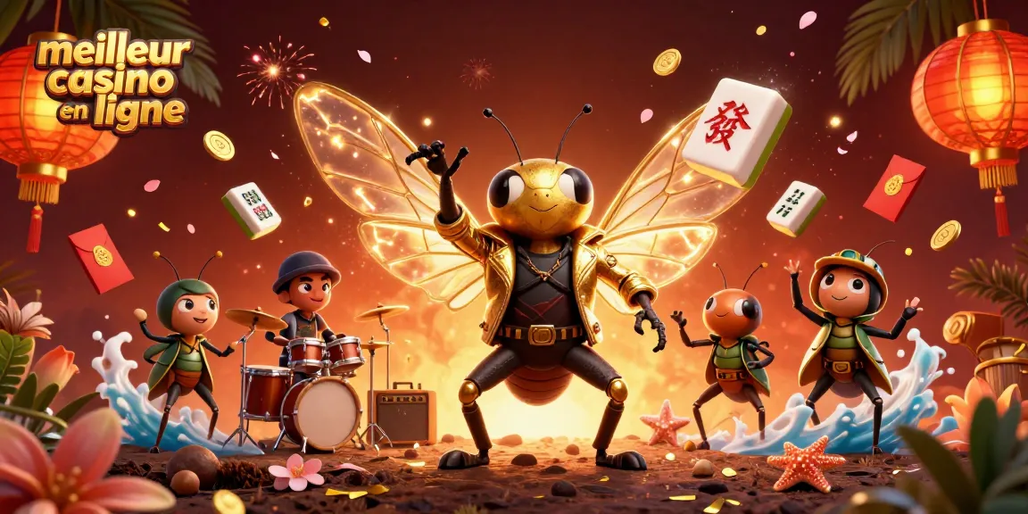 Admirez l'illustration du meilleur casino en ligne mettant en scène une rock star émergeant avec des pièces d'or et des symboles chinois.