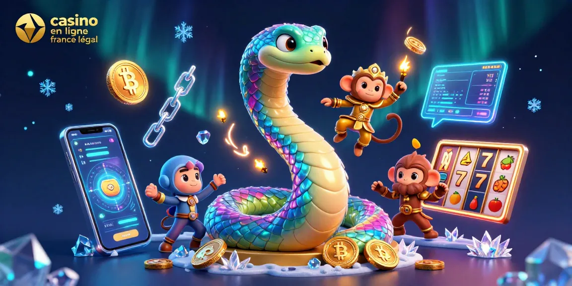 Jouez au casino en ligne France légal avec une scène magique incluant un serpent arc-en-ciel et des éléments de jeu.