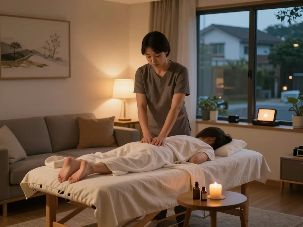 부천 출장마사지 in a calming home setting with professional therapist and ambient lighting.