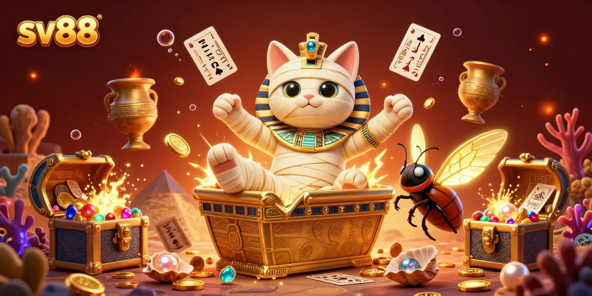 Experience sv88 in a vibrant 3D casino scene, featuring an Egyptian mummy cat bursting forth with golden treasures.