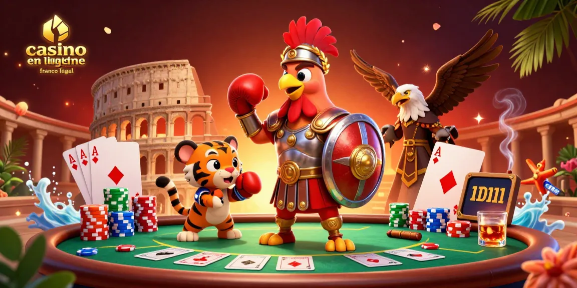 Célébrez une victoire dans un casino en ligne légal en France avec des personnages de jeu animés et des éléments de poker.