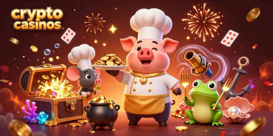 Visualisation artistique des crypto casinos avec un chef et une souris servant des pièces d'or.