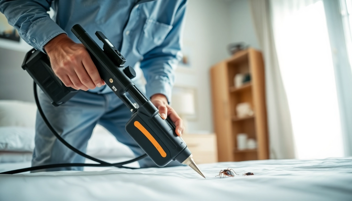 Efficient bed bug exterminator inspecting a home for bed bug infestations, showcasing expert tools.