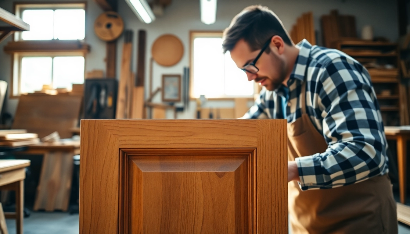 Professional cabinet maker crafting intricate woodwork in a well-lit workshop.