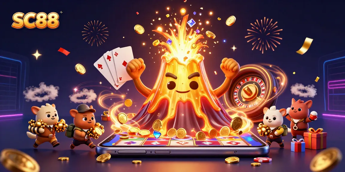 Win big at SC88 with a vibrant 3D casino scene featuring golden volcano, treasures, and dynamic gaming elements.
