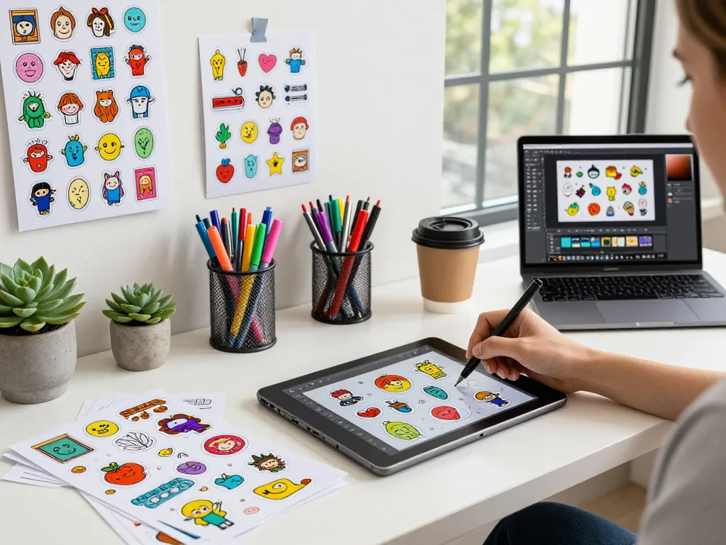 Designer creating custom stickers in a vibrant workspace with sketch samples, digital tablet, and colorful supplies.