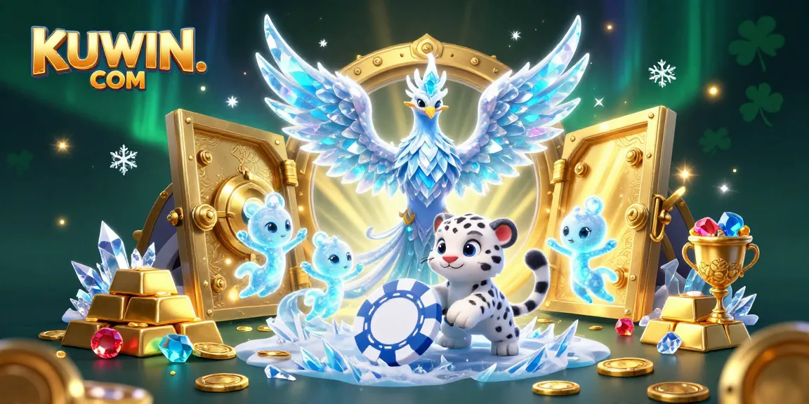 Join the excitement at KUWIN. COM with a dynamic casino scene showcasing a phoenix, snow leopard cub, and sparkling treasures!