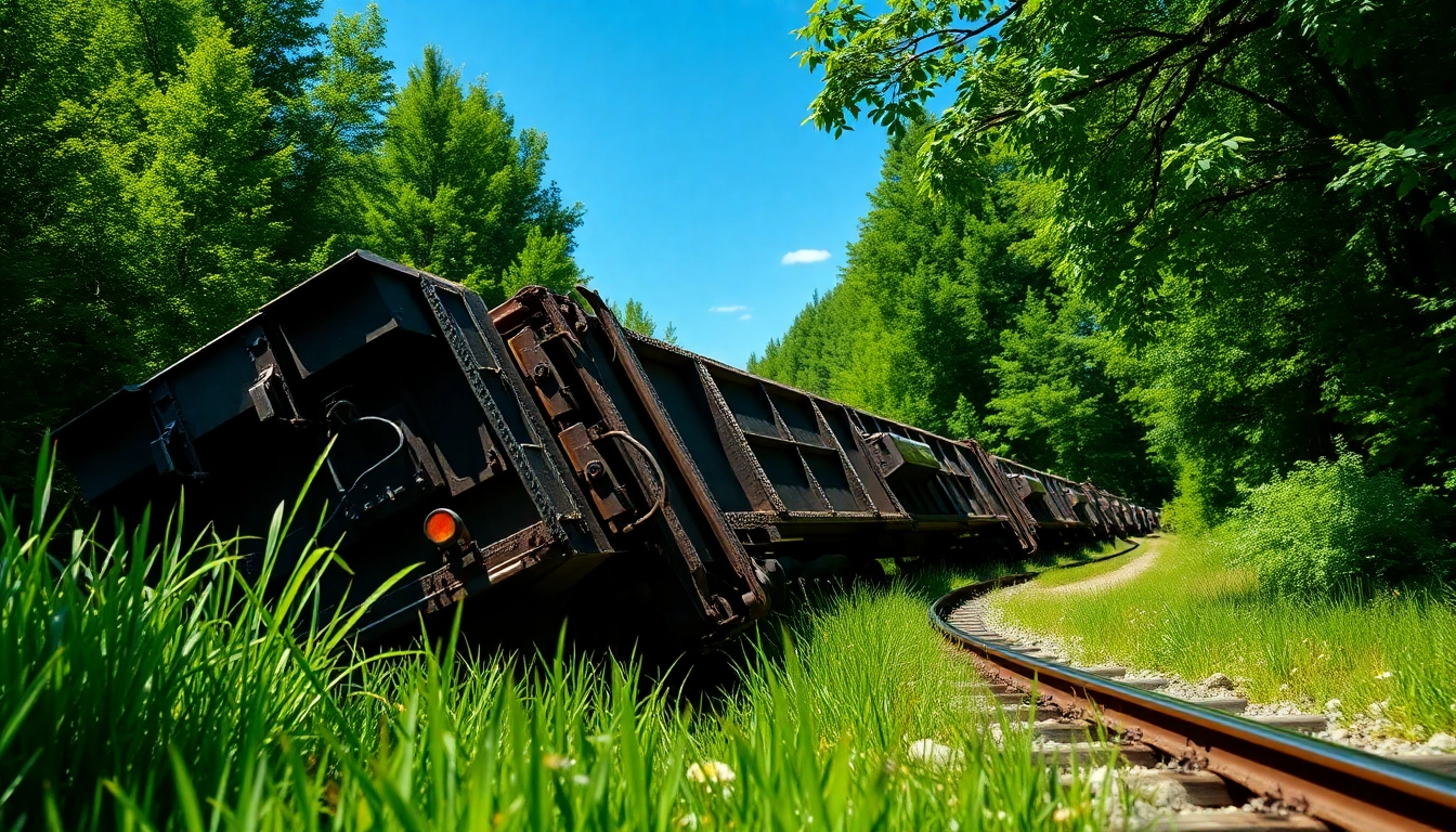 Derailed train cars illustrating the concept of derailment amidst a natural environment.