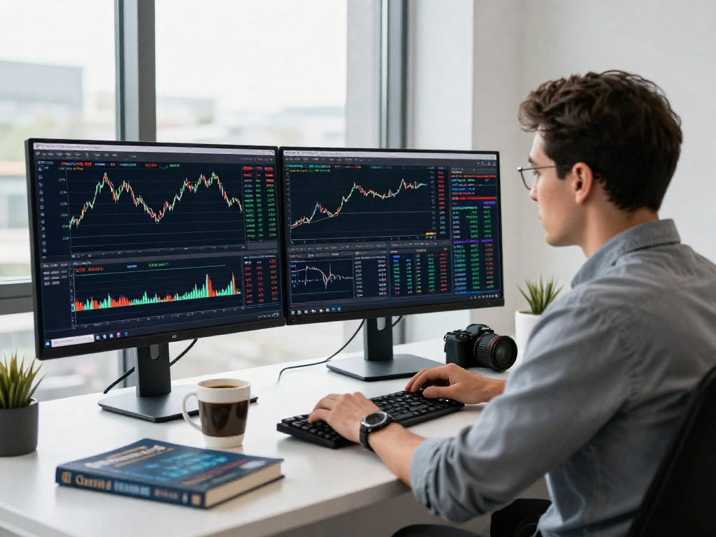 Trader utilizing MetaTrader 5 for market analysis in a modern office