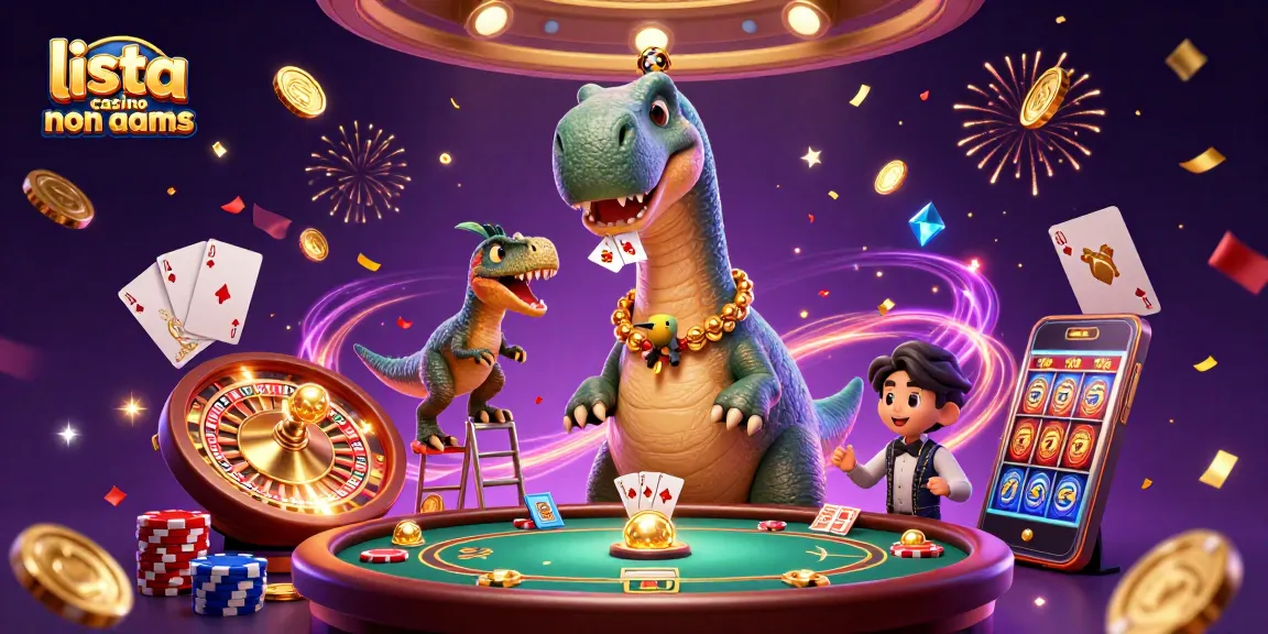 Giocare in lista casino non AAMS con un brontosauro e un raptor tra volantini dorati e chip colorati.