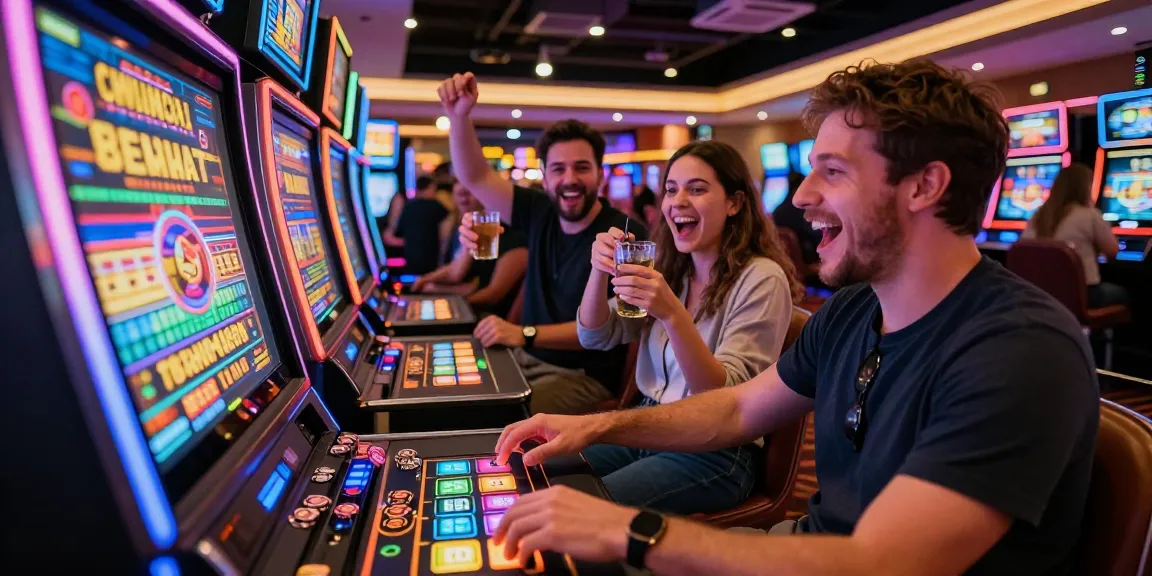 Exciting moment at a gambling venue with a player engaged at a pragmatic slot machine, colorful lights and cheering friends.