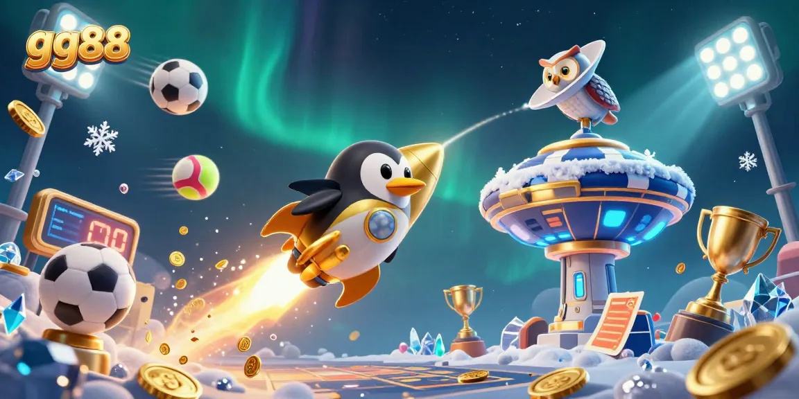 Experience thrilling gaming action at gg88 with our vibrant 3D casino scene featuring a golden penguin rocket.
