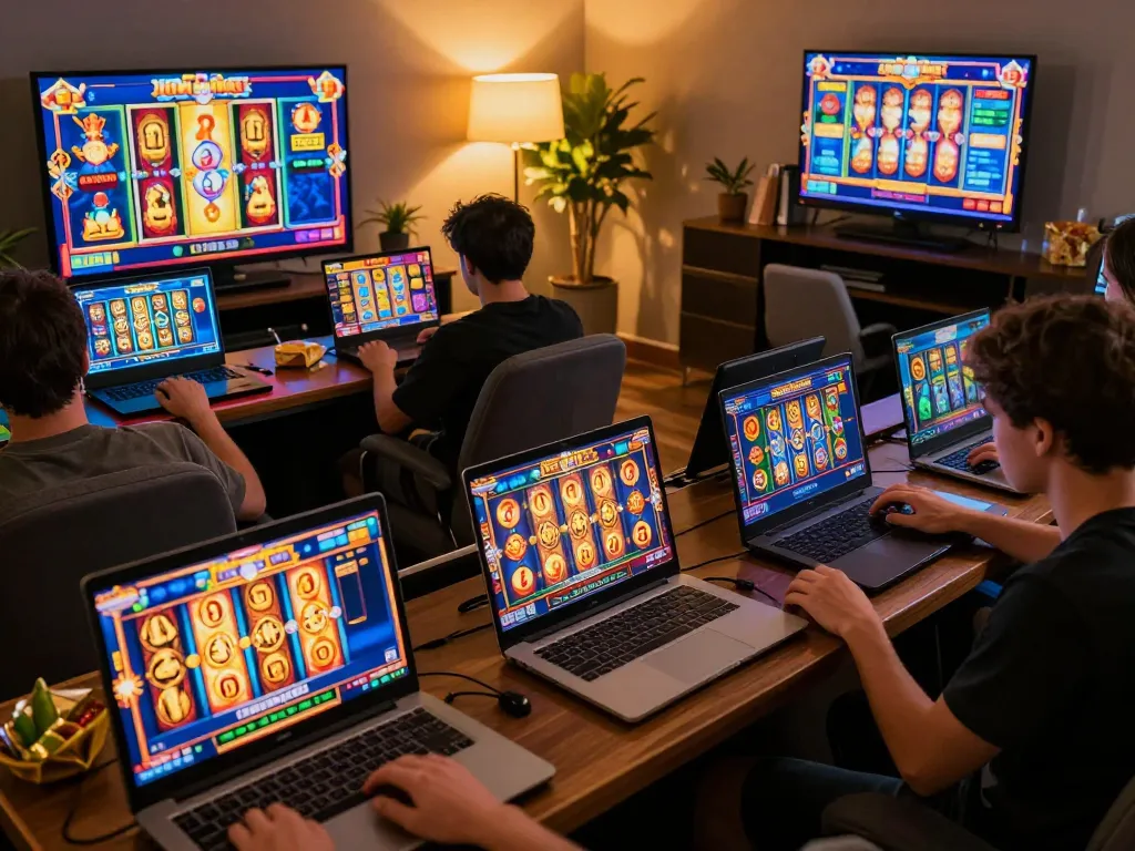 Experience thrilling gameplay with thailand slot games in a cozy online casino setting, excited players at home.