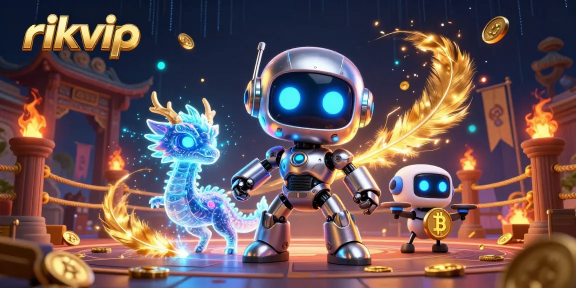 Win exciting games at Rikvip with a vibrant 3D casino illustration showing a cyberpunk robot and bitcoin elements.